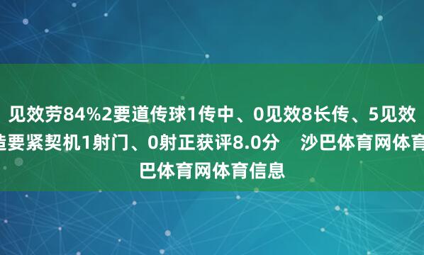 见效劳84%2要道传球1传中、0见效8长传、5见效1创造要紧契机1射门、0射正获评8.0分    沙巴体育网体育信息